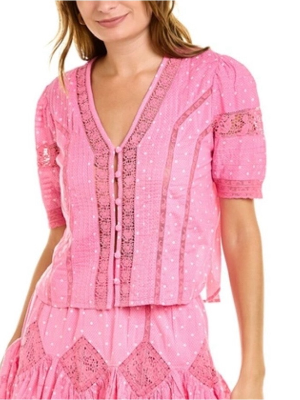 LoveShackFancy Pink Eyelet & Lace Button-Front Blouse